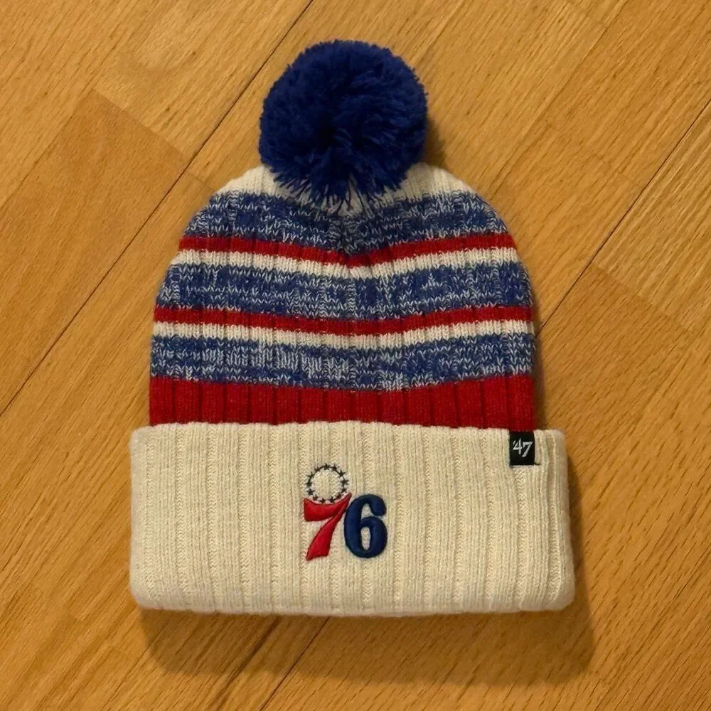 Philadelphia 76ers America 250 '47 Cream Tavern Cuffed Knit Winter Hat Pom OSFA